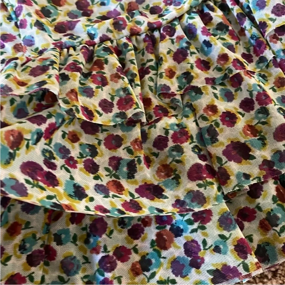 Zara Girls Size 7 Floral Ruffle Skirt |‎ Teal Magenta Purple | Elastic Waist